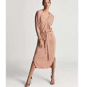 REISS Cleo V Neck Wool Blend Fine Jersey Midi Dress size Small tan camel